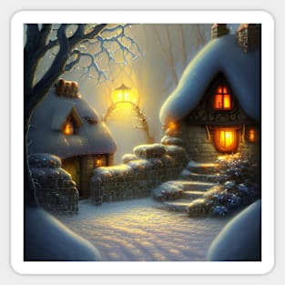 Magical Fantasy Cottage with Lights In A Snowy Scene, Scenery Nature Sticker